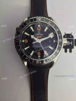 Swiss Replica Omega Seamaster GMT Watch Black Leather Strap